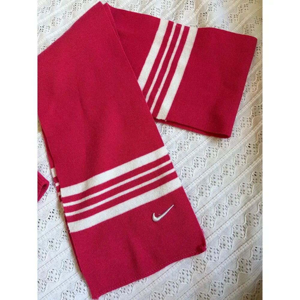 Nike Toddler Pink White Knit Beanie Hat & Scarf Set Swoosh Winter Cold Weather